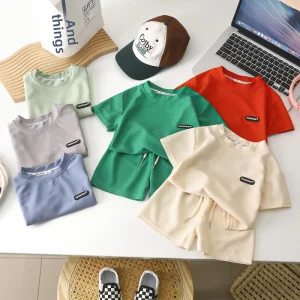 Summer Lightweight Breathable Casual Suits Solid Color Polyester Kids Loose Fitting Boys’ Short Sleeve Pullover Shirt