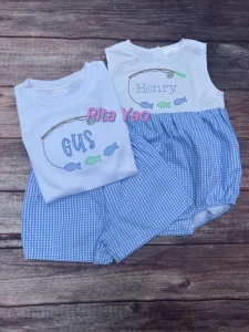 Summer Little Boy Blue Woven Gingham Shorts Set Kids Boy White t Shirt Two Piece Outfit Matching Baby Boy Monogrammed Bubble