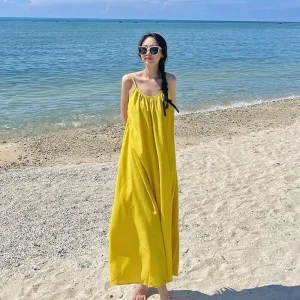 Summer Loose A line Dress for Women with Backless Halter Top and Beach Vacation Look Soft Yellow Long Dress