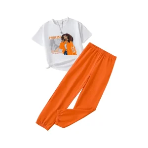 Summer Middle and Large Girls Clothing Casual Short Sleeve Long Pants Two Piece Kids Suit