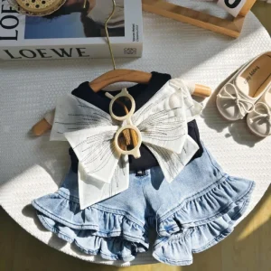 Summer New Arrival Girls’ Korean Style Clothing Set Cute Vest with Large Bow & Denim Shorts Two Piece Set