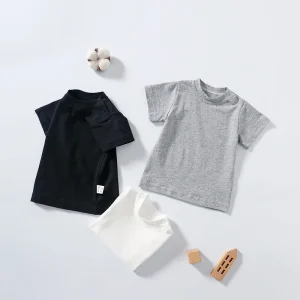 Summer New Baby Round Neck Shoulder Button Short Sleeved T-shirt Boys Girls Baby Cotton Top Print Base Shirt Knitted Fabric