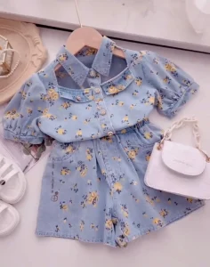 Summer New Children Clothing Short Sleeved Floral Printed Denim Shorts Two Piece Suit Girl Clothes Sets