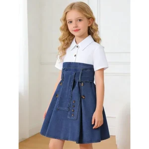 Summer New Designer Children Dressed Casual Kids Princess Short Sleeves Solid Color Dress Designs Elegant Denim Girl Dresses
