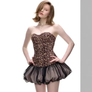 Summer New European American Style Slim fit High waisted Puffy Skirt Sexy Retro Leopard Print Suspender Dress Polyester
