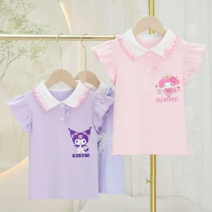 Summer New Fashion Girls’ Polo Printed T Shirts Casual Short Sleeved Tops Children’s Cartoon Baby Versatile Foreign Style