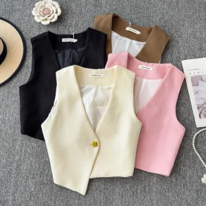 Summer New Fashion V Neck Sleeveless Vest Women Single Button Slim Fit Waistcoat Top