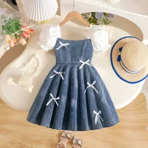 Summer New Girls’ Children Fashionable Bow Decorated Puff Sleeve A line Denim Dress