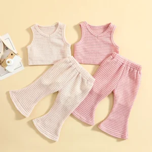 Summer New Girls Clothes Sets Sweet Solid Color Vest Sleeve Shirt Flare Pants Kid Clothes Baby Clothes Fashion Two-piece Set