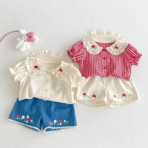 Summer New Girls Plaid Shirt Embroidered Mushroom Children’s Top Shorts Suit Fashion Kids Clothes