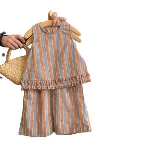 Summer New Girls Stripe Fashion Set Wave Ruffle Sleeveless Vest Top Matching Set for Kids Girls Two piece Casual Pants Set