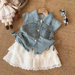Summer New Girls Style Outfit Elegant Sleeveless Top & Lace Skirt Two Piece Set Casual Kids Girls Summer Clothing