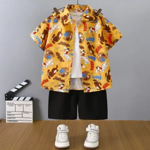 Summer New Hong Kong Style Boys Casual Short Sleeved Shirts Suit Children’s Casual Clothing
