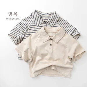 Summer New Style Boys Girls Korean Japanese Style Children’s Striped Polo Shirt Cotton Breathable Short Sleeves Kids Top