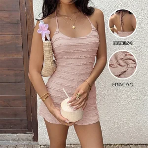 Summer New Style Sexy Hot Girl Style Round-neck Tie-on Solid Color Backless One-piece Shorts
