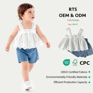 Summer Newborn Baby Girl Clothes 2pcs Sets Toddler Printing Suspender Top Baby Girl Denim Shorts Set