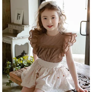 Summer Pink White Strawberry Korean Solid Color Kids Top Girls Solid Flying Sleeve Girls T shirt