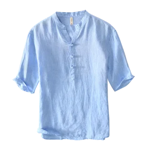 Summer Popular Stand Collar Boys Solid Plain 100% Linen Men’s Short Sleeve t Shirt