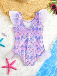 Summer Princess Girls One Piece Swimsuit with Mermaid Tail Print Children’s Swimwear for Babies