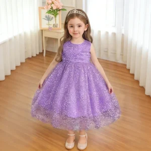 Summer Princess Party Gowns Girls ODM supplied Solid Pattern Kids Women Dress with Lace Length