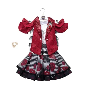 Summer Red Coat Daily Above Knee Flower Printed Dress Little Girls Clothing Set for 2-8 Years Girl Clothing Sets