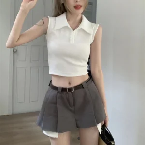Summer Ribbed Polo T-shirt Top Vest for Women Short Sleeveless Collar Tank Women’s Sleeveless Design Vest Sports Slim Fit Shirt