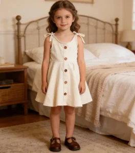 Summer Ruched Single Breasted Dress for Little Girls with Adjustable Straps