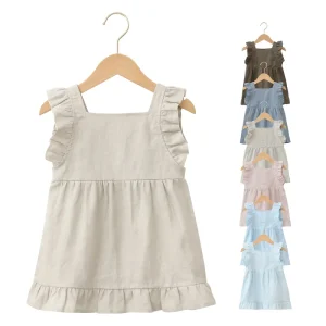 Summer Ruffle Knee-Length Girls Dress Sleeveless Cotton Toddler Girls Cloths with Button