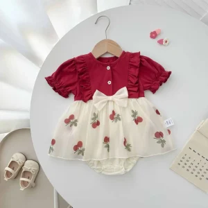 Summer Short Sleeve Flower Jumpsuit Newborn Baby Girl Red Lace Princess Rompers