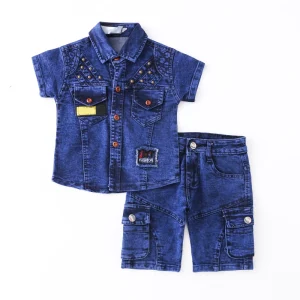 Summer Short Sleeve Kids Denim Suit Boys Children Blue Denim Jeans Clothing