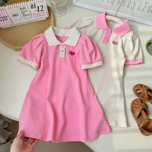Summer Short Sleeve Polo T Shirts Dress Hearts Embroidery Girls Loose Sporty Casual Dress