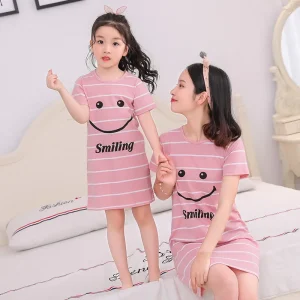 Summer Short Sleeved Pajamas Girls Children Cotton Cartoon Night Dress Sleepwear for Women