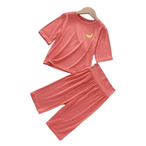 Summer Short Sleeves Pyjamas Sleepwear Set Kids Girls Solid Color 2Pcs Clothing Set