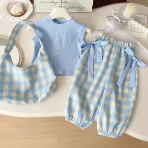 Summer Short Tops Girls Suits Set Girl’s Plaid Pants + Vest + Bag 3pcs Set for Kids Fashion Children Sports Clothes for Girls