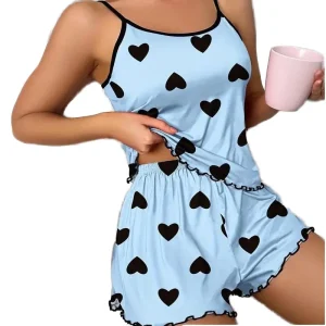 Summer Sleeveless Top Short Pants Bow Print 2Pcs Girls Sleepwears Milk Silk Casual Women’s Pajamas Set
