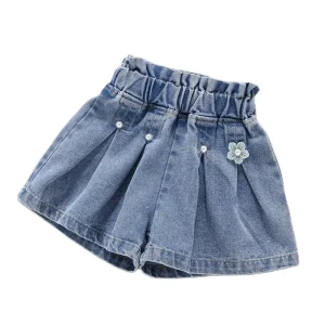 Summer Solid Color Kid Shorts Blue Denim Girl Shorts Pleated Girls Shorts for Kids Girls