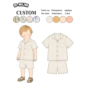 Summer Solid Linen Blend Camp Collar Shirt Short Two Piece Set Toddler Boys 2-7Y for Beach Vacation Home Daily Casual Outfit
