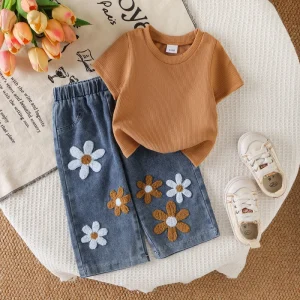 Summer Spot Baby Girl Brown Cotton Brown Short Sleeve T Shirt + Printed Flower Jeans Girls Clothing Set