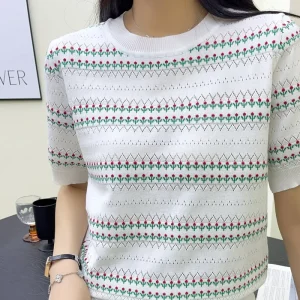 Summer Striped Knit Hollow Out T shirt for Women Korean Short Sleeve Round Neck Thin Knitwear Blouse Casual Tops