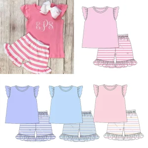 Summer Stripes Shorts and Tops Set Girls 6 to 12 Years Flutter Sleeve Cotton Outfit