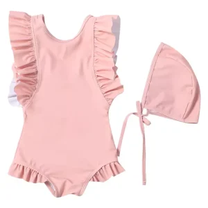 Summer Swimwear for Baby Girls Solid Pink Sexy One-Piece Beachwear with Ruffled 0-Neck Set for Children