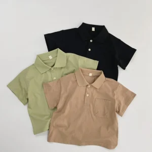 Summer Toddler Boys Girls Casual Solid Color Short Sleeve T Shirt Collar Pocket Cotton Top Kids Polo Shirt