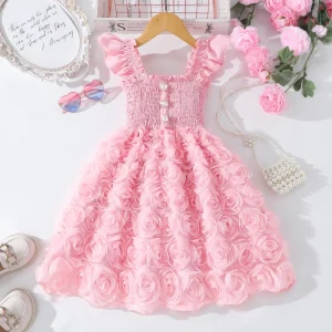 Summer Toddler Casual Wear Fly Short Sleeve Solid Color Floral Mesh Gauze Child Princess Dresses Girls Birthday Dress