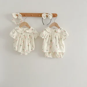 Summer Toddler Girl Cotton Gauze Turn-down Collar Triangle Romper Short Sleeve Shorts Baby Clothing Set