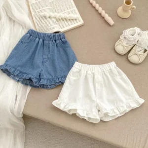 Summer Toddler Girl Cotton Soft Denim Solid Color Ruffle Edge Casual Baby Shorts