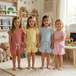 Summer Toddler Girls Gingham Clothing Sets Scalloped Trim Short Sleeve T Shirt and Short Cotton Two Piece Set Outfit