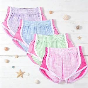 Summer Toddler Girls Seersucker Dolphin Shorts Patchwork Sport Shorts High Waist Casual Beach Wear Running Shorts