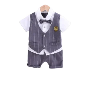 Summer Toddler Wedding Party Outfit Set Short Sleeve Lapel Bowknot Striped Waistcoat Shirt Pants 2Pcs Formal Boys Suits