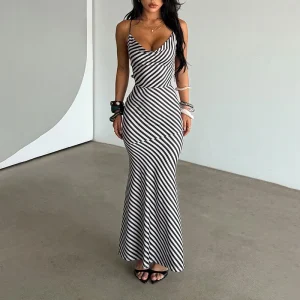 Summer Vacation Spicy Girl Suspender Long Dress Backless Strap Slim Fit Sexy Striped Dress