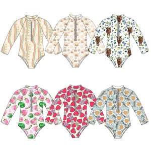 Summer Western Printed Baby Girls One Piece Swimwear Long Sleeve Kids Girls Zippers Swimming Suits